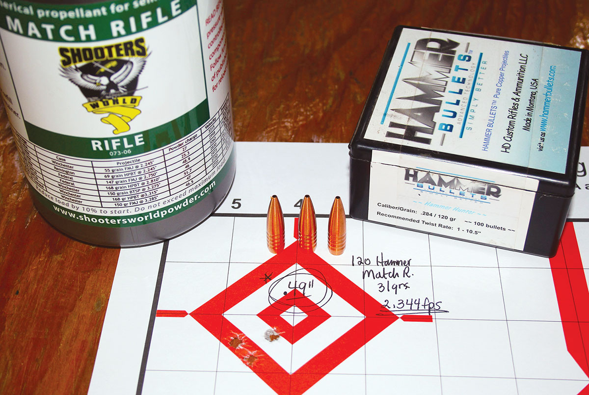 The best group of the entire 28 York test was this .49-inch cluster produced by 31 grains of Shooters World Match Rifle and a muzzle velocity of 2,344 fps. Unfortunately, no more powder can be added, despite no pressure signs.